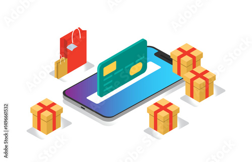 isometric concept illustration of online shopping with smart phone, vector illustration