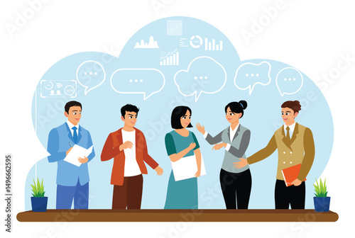 Professional colleagues collaborating in an office setting with speech bubbles.