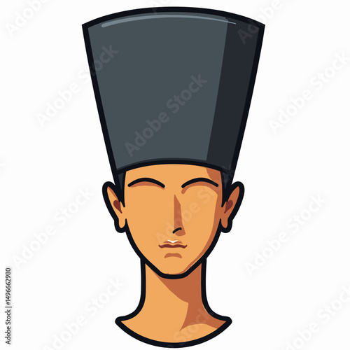 Cartoon Illustration of Nefertiti Wearing a Tall Blue Crown with No Face, Minimalist Style