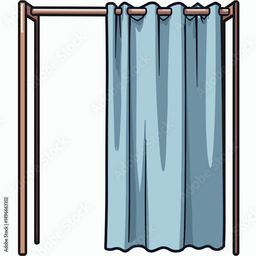 Cartoon Illustration of a Fitting Room with a Blue Curtain for Privacy and Retail Shopping