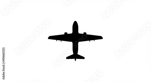 Overhead view stark black airplane silhouette sharply defined against bright white background. AI Generated