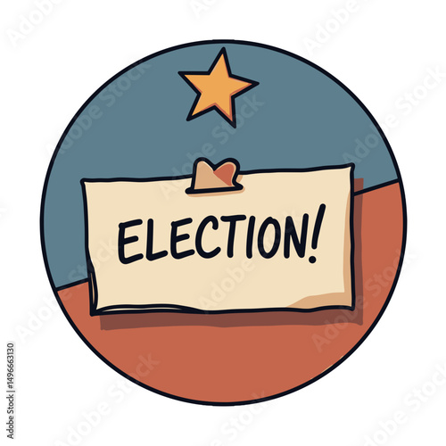 Cartoon Illustration of an Election Announcement on a Circular Badge with Star, Promoting Civic Engagement and Voting
