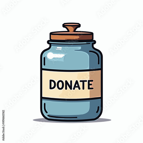 donation jar illustration with blue glass container and white label