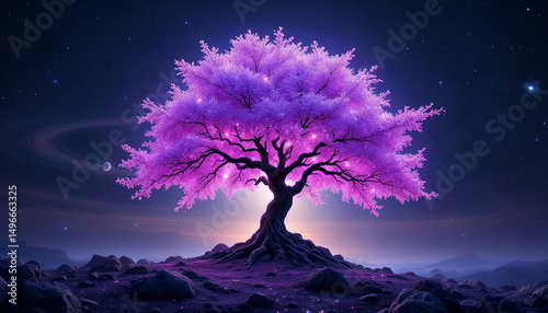 An enormous tree growing in the middle of a crater on the moon, leaves glowing with bioluminescence, surreal life in space