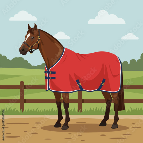 Horse Standing in Pasture Wearing a Blanket for Protection