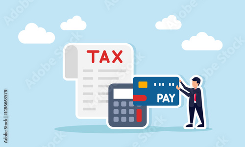 Businessman Holding Pay Card Beside Calculator and Tax Document Illustrating Corporate Tax Payment Calculation
