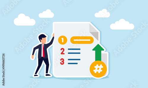 Businessman Standing Beside Document Paper Containing Task List Illustration of Business Project Progress and Priority Scale