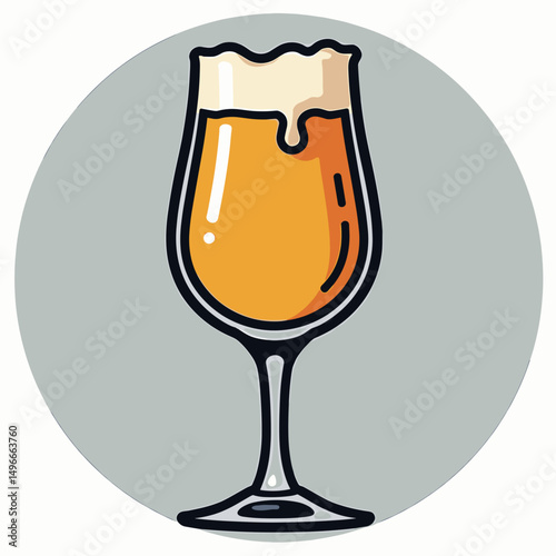 A Stylized Illustration of a Tulip Beer Glass Filled with Golden Beer and Creamy Foam on a Gray Background