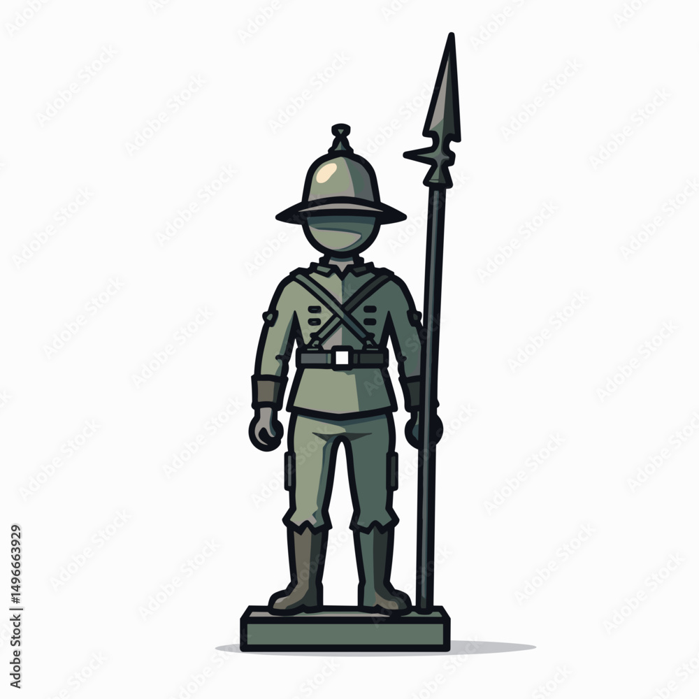 Obraz premium Thai Soldier Statue Cartoon Illustration with Spear and Traditional Helmet on White Background