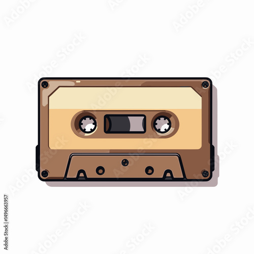 Retro Cassette Tape Illustration with Brown Case and Beige Tape, Isolated on White Background