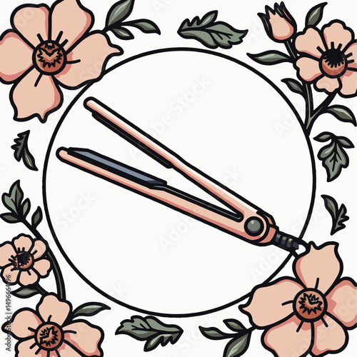 Stylized Illustration of a Hair Straightener Surrounded by Flowers and Leaves in a Circular Frame