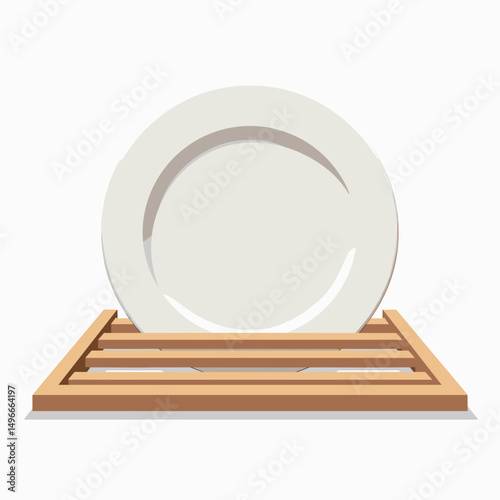 Clean White Plate Drying on Wooden Rack After Washing, Kitchen Utensil Illustration on White Background