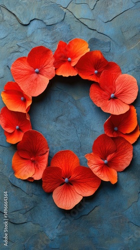 Floral wreath of vibrant red blossoms arranged in a circular pattern on a textured blue stone backdrop
