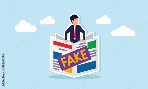 Businessman Appearing from Behind Newspaper Labeled Fake Illustration of Alertness to Fake and Low Quality News