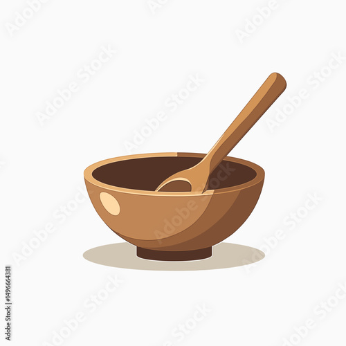 Wooden Bowl and Spoon Illustration on White Background, Simple Vector Design for Food Presentation