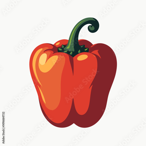 Red Bell Pepper Illustration with Green Stem and Sepals on White Background, Fresh Vegetable Graphic