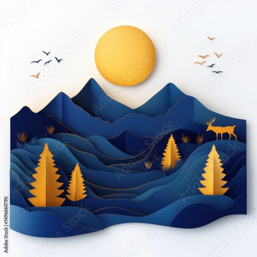 Paper landscape with sun and deer