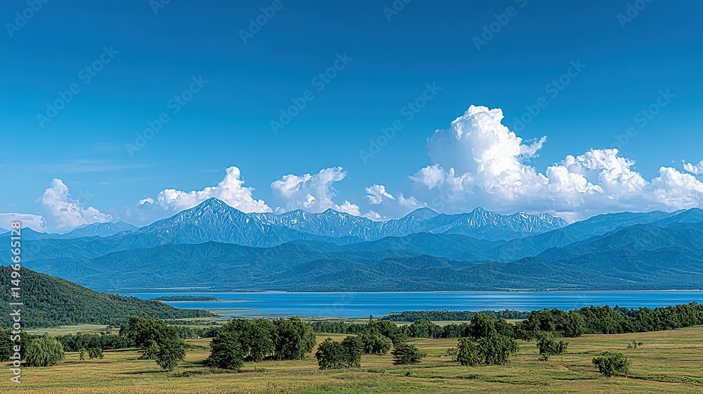 Fototapeta premium Scenic view of mountains, lake, and clouds.