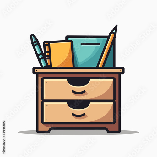 Cartoon Illustration of a Wooden Bedside Table with Two Drawers and Stationary Items on Top