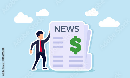 Businessman standing next to newspaper with dollar sign illustration of business finance and currency news update