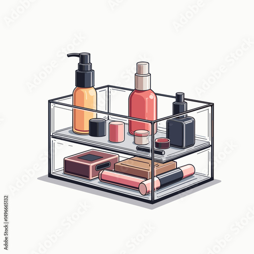 Cosmetic Organizer with Makeup Products and Skincare Items in a Clear Acrylic Container, Beauty and Personal Care