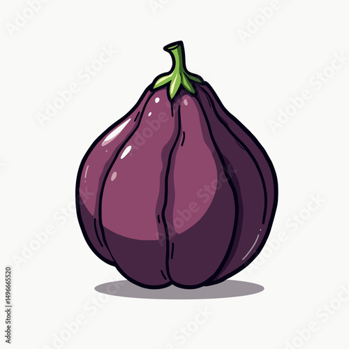 Cartoon Illustration of a Single Purple Eggplant with Green Stem and Sepals on a White Background