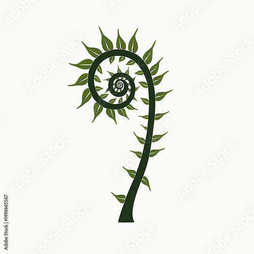 Fern Frond Unfurling Illustration: Green Spiral Plant with Leaves on White Background for Botanical Designs and Nature Concepts
