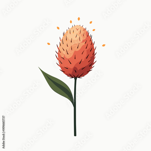 Illustration of a stylized orange flower with spiky petals and a green leaf on a white background