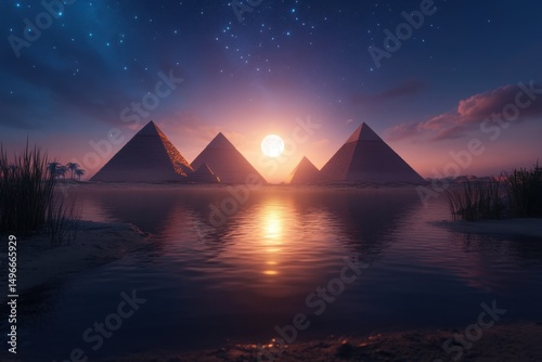 Pyramids at night by the water