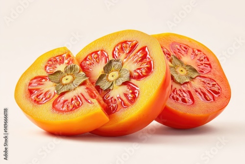 Freshly sliced persimmon halves, showcasing vibrant orange-red flesh and intricate seed patterns