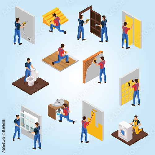 Isometric home repair set with different professional workers and house renovation and improvement procedures isolated toolbox installing industrial concept drainage repairing assembly working problem