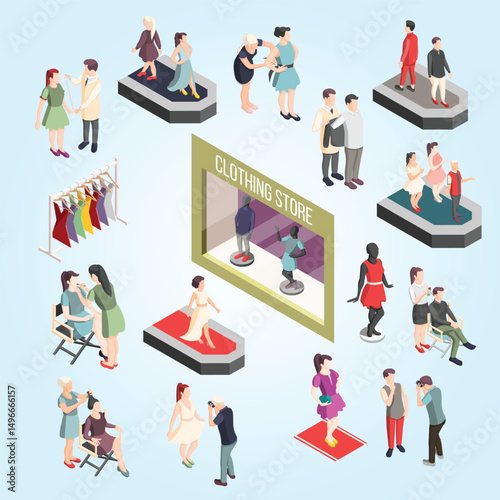 Fashion Industry Isometric characters entrepreneur needlework production happy studio thread leather tool hobby shopping beautiful garment fashionable table tailor