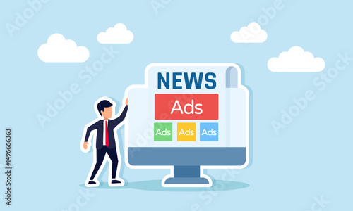 Businessman standing next to monitor showing news with advertisement illustration of business advertising on print or online digital media
