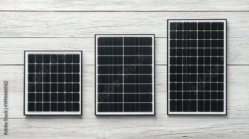 Three different sizes of solar panels arranged on a light wood surface.
