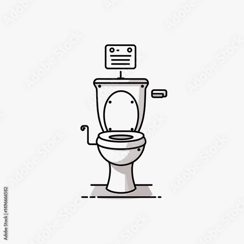 Toilet Bowl Outline Vector Illustration with Signage, Flush Handle and Toilet Paper Holder on White Background