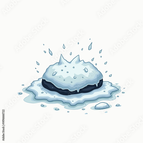 Cartoon Illustration of Melting Snowball with Water Droplets on White Background, Winter Season Concept