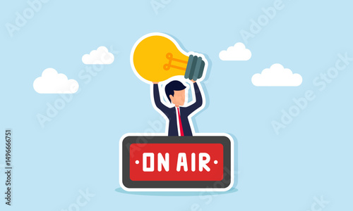Businessman emerging from behind an on air sign holding a lamp illustration of live broadcast delivering motivation and inspiring business ideas