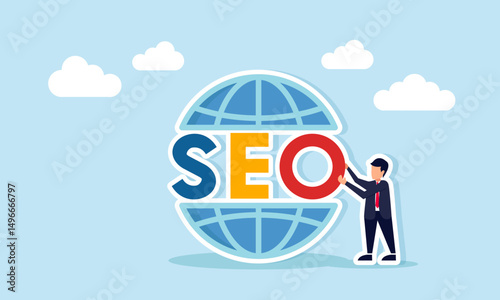 Businessman with SEO text placed on a globe illustration of the ability to use SEO for digital business search optimization