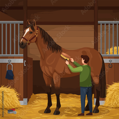 Grooming a Horse Inside the Stable with Straw on the Ground