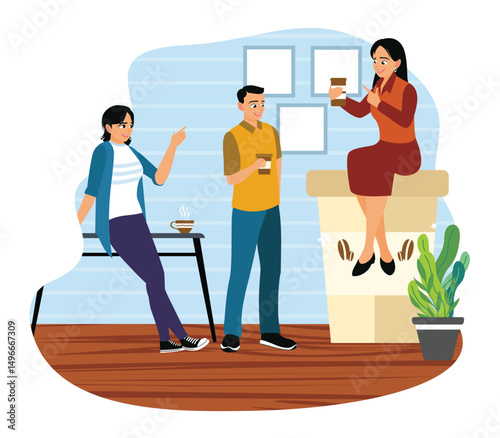 Office staff relax, chat and drink coffee together in the office.