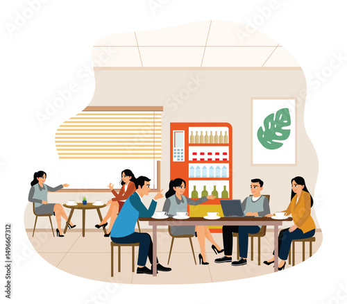 Office employees are taking a break and drinking together in the office canteen.