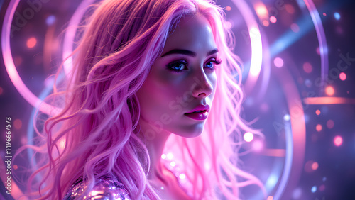 Radiant Portrait of a Woman: A captivating woman is portrayed with long, flowing pink hair, framed against a backdrop of shimmering lights. It is an artistic fusion of beauty and ethereal ambiance.