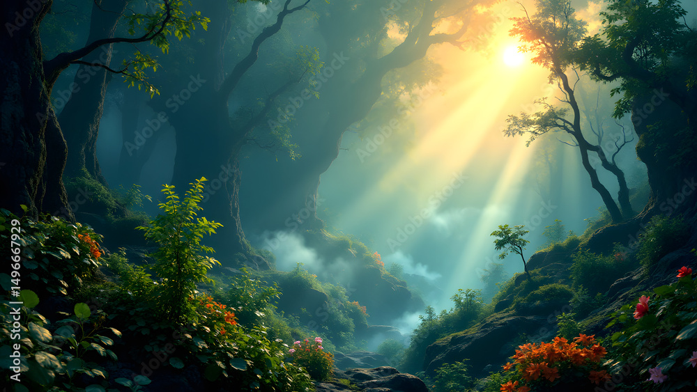 Fototapeta premium Mystical Forest Scene: Sun rays stream through the canopy, illuminating a path in a lush forest, inspiring awe and tranquility.