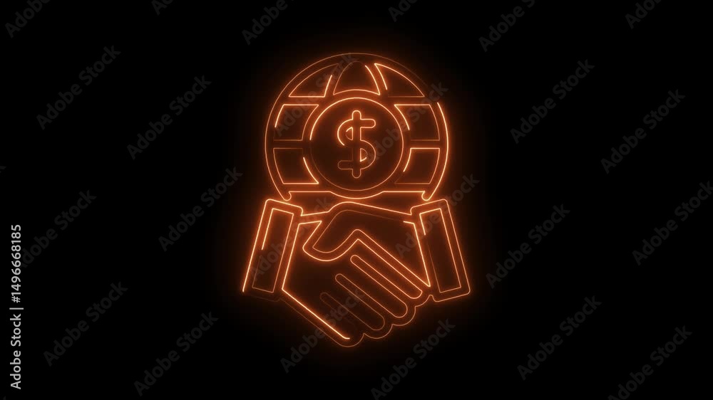Glowing global business agreement dollar currency financial handshake on dark background Glowing global business agreement dollar currency financial handshake on dark background