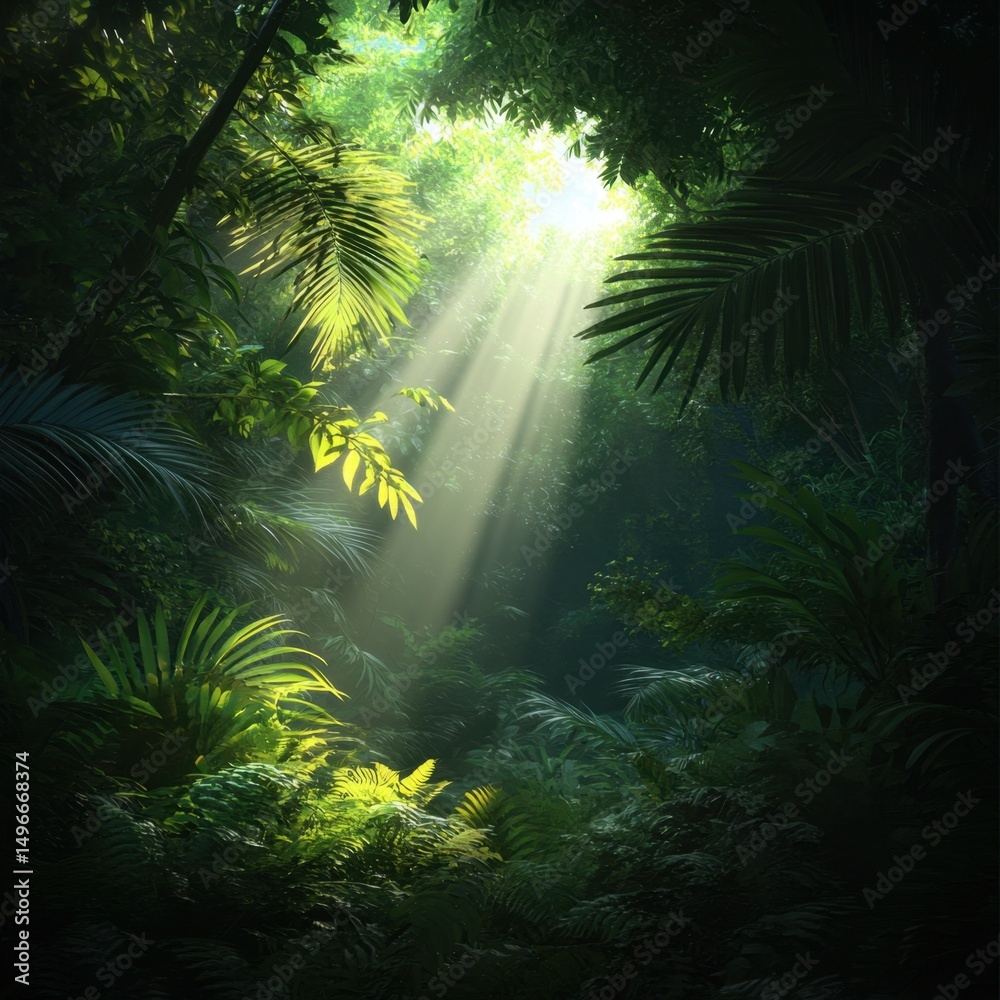 Fototapeta premium Sun rays through jungle canopy