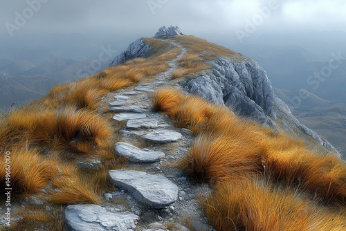 Rocky mountain path winds upwards through dry golden grasses to the peak under a hazy sky