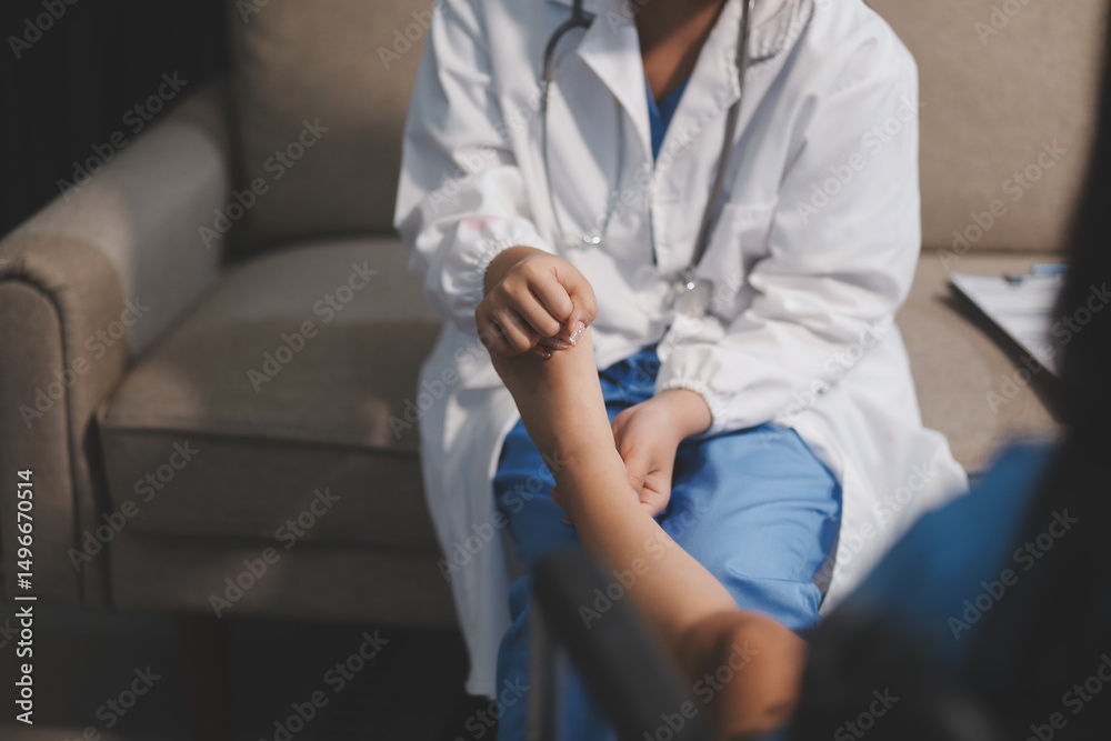 Fototapeta premium A female doctor examines an elderly patient with knee pain due to arthritis. The patient is being assisted in recovery, focusing on pain management and improving mobility.