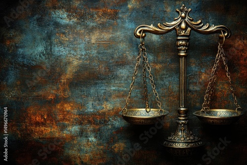 Golden scales balanced against a textured, dark backdrop. Justice symbol shining brightly