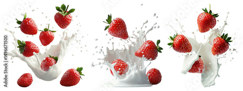 PNG Strawberries splashing in milk, element set on transparent background