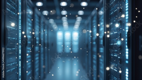 A modern data center room with rows of  server racks, soft blur effect, infrastructure system.